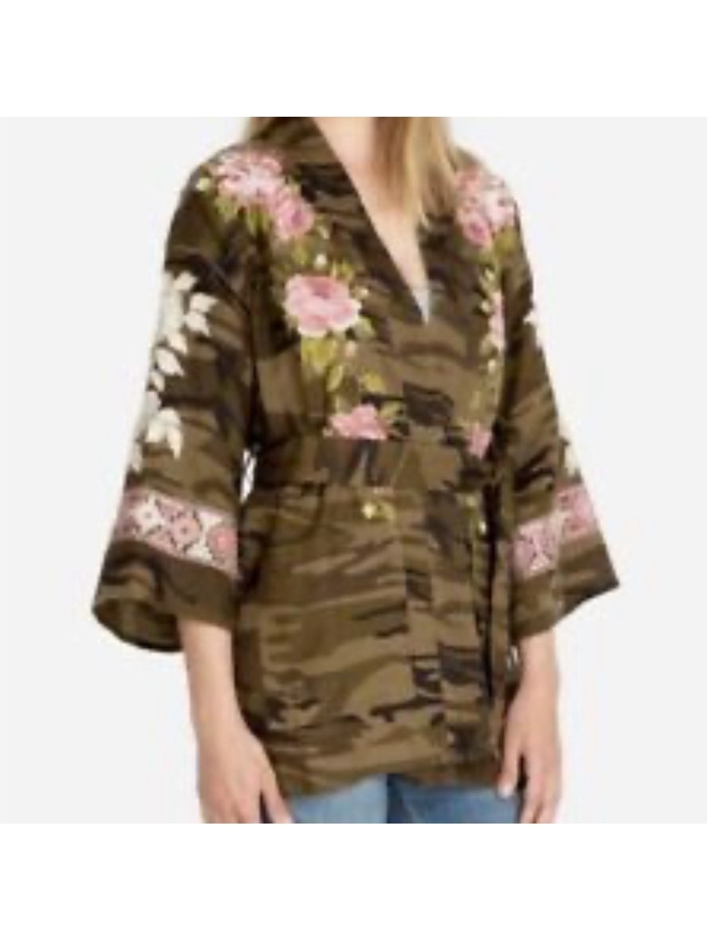 Johnny Was Embroidered Floral Camo Kimono Jacket